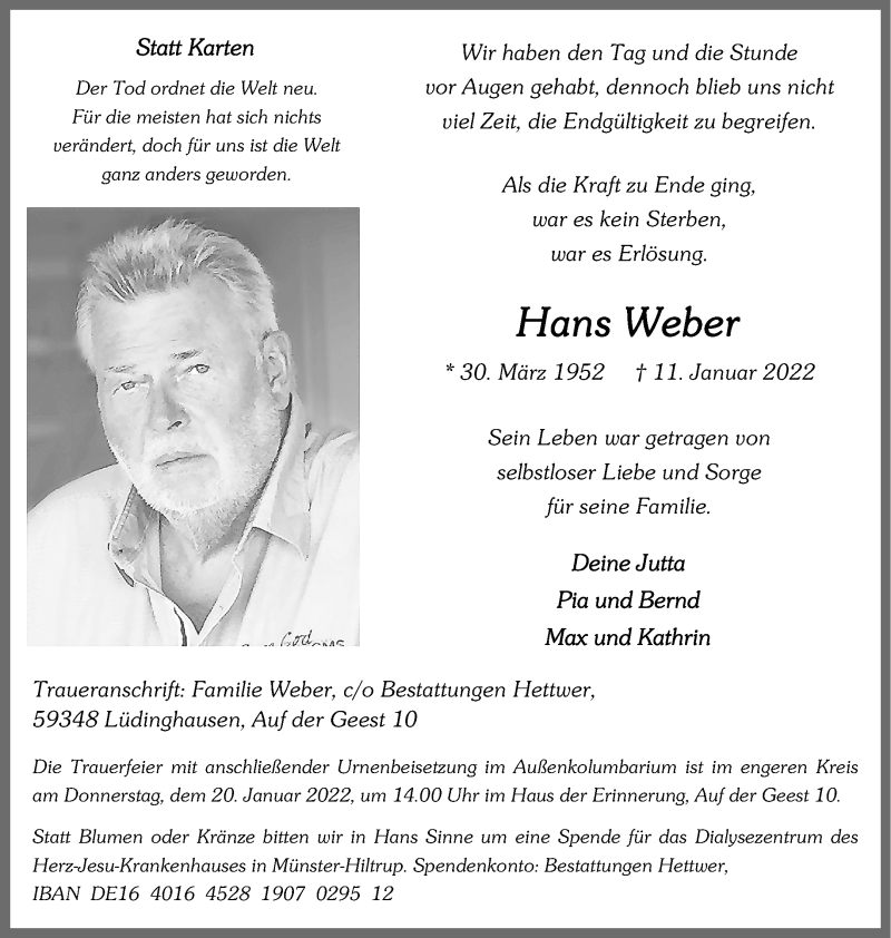  Traueranzeige für Hans Weber vom 15.01.2022 aus 