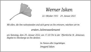 Anzeige von Werner Isken 