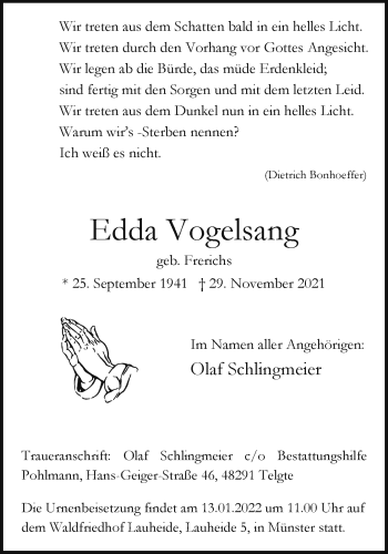 Anzeige von Edda Vogelsang 