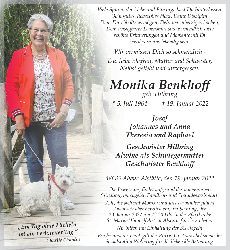 Traueranzeige für Monika Benkhoff vom 22.01.2022 aus 