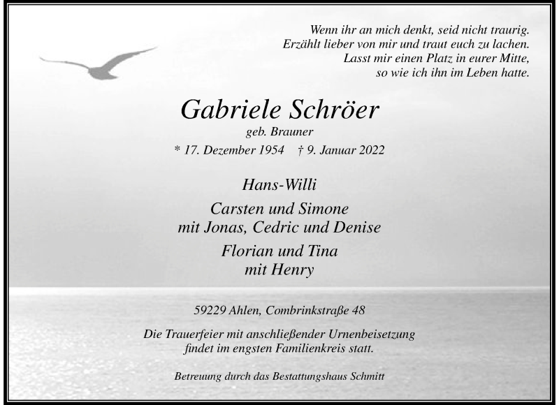 Traueranzeige für Gabriele Schröer vom 14.01.2022 aus 