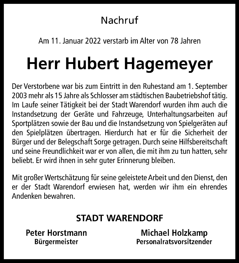  Traueranzeige für Hubert Hagemeyer vom 19.01.2022 aus 