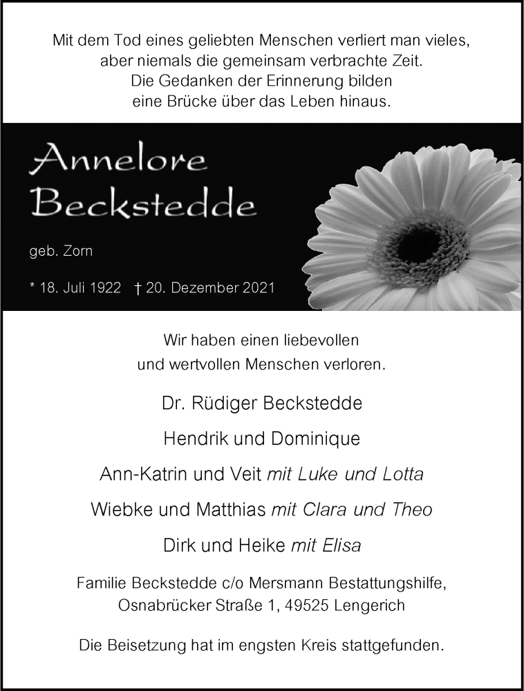 Traueranzeige für Annelore Beckstedde vom 12.01.2022 aus 