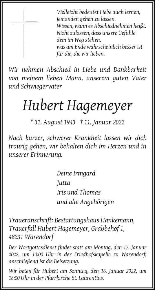  Traueranzeige für Hubert Hagemeyer vom 14.01.2022 aus 