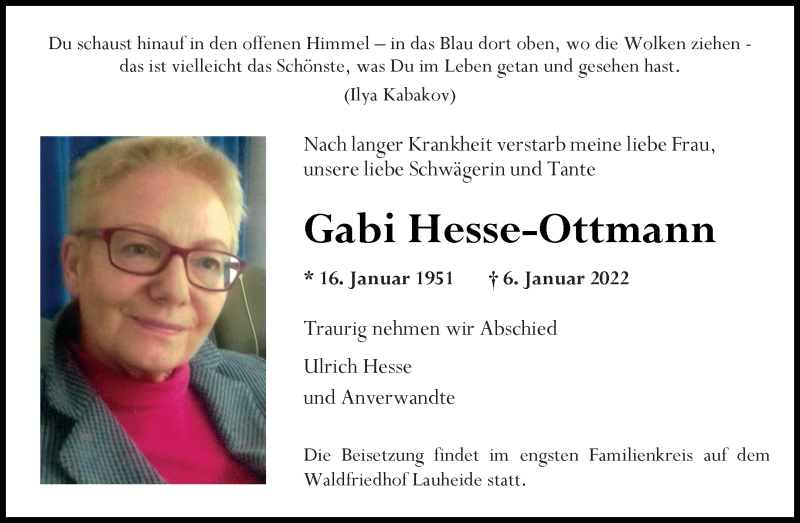  Traueranzeige für Gabriele Hesse-Ottmann vom 15.01.2022 aus 