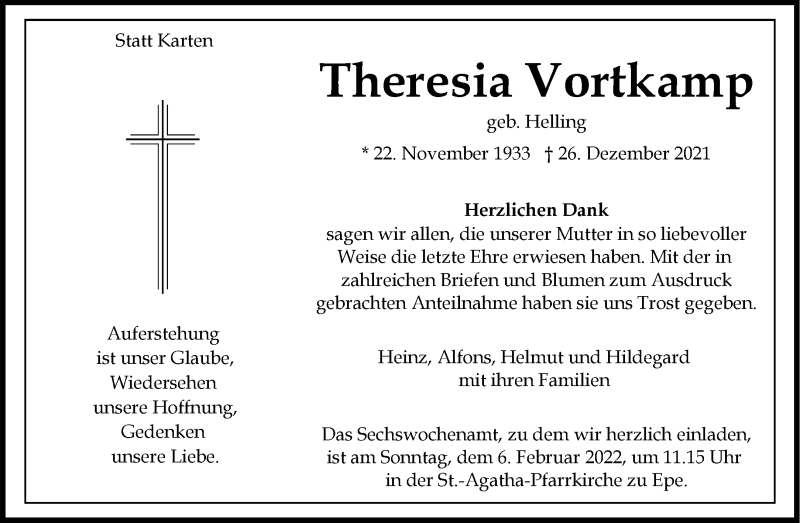  Traueranzeige für Theresia Vortkamp vom 29.01.2022 aus 
