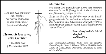 Anzeige von Heinrich Gerwing sive Gerwer 
