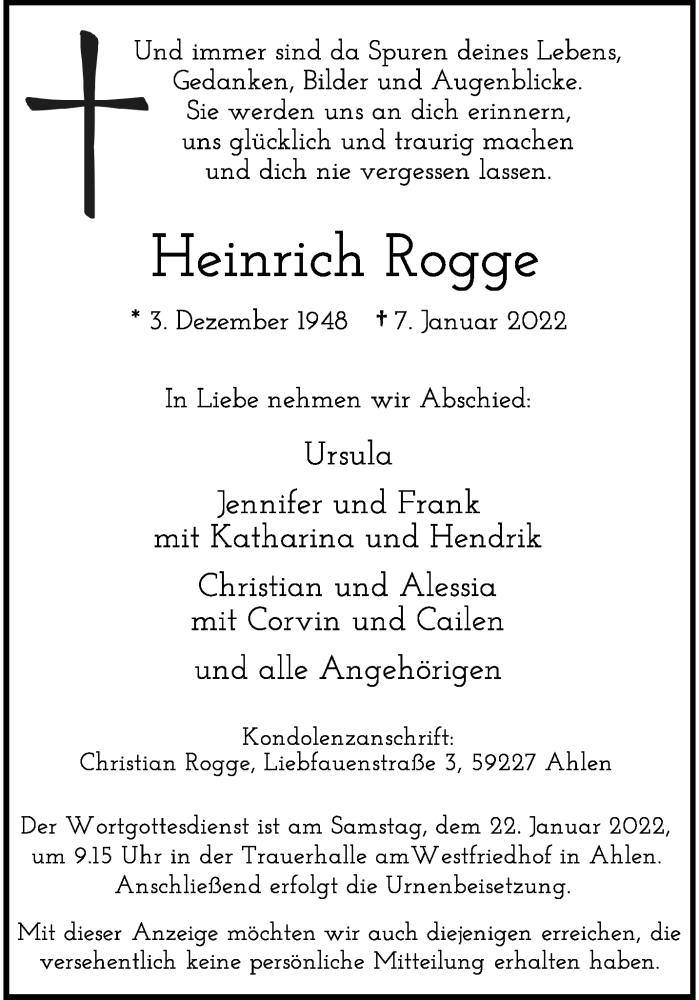  Traueranzeige für Heinrich Rogge vom 15.01.2022 aus 