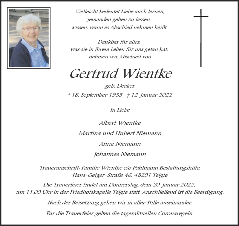  Traueranzeige für Gertrud Wientke vom 17.01.2022 aus 