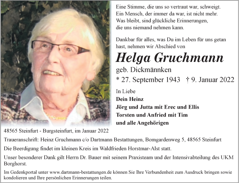  Traueranzeige für Helga Gruchmann vom 12.01.2022 aus 