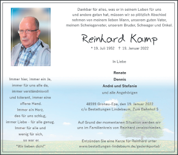 Anzeige von Reinhard Kamp 