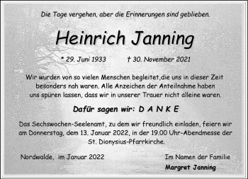 Anzeige von Heinrich Jannig 