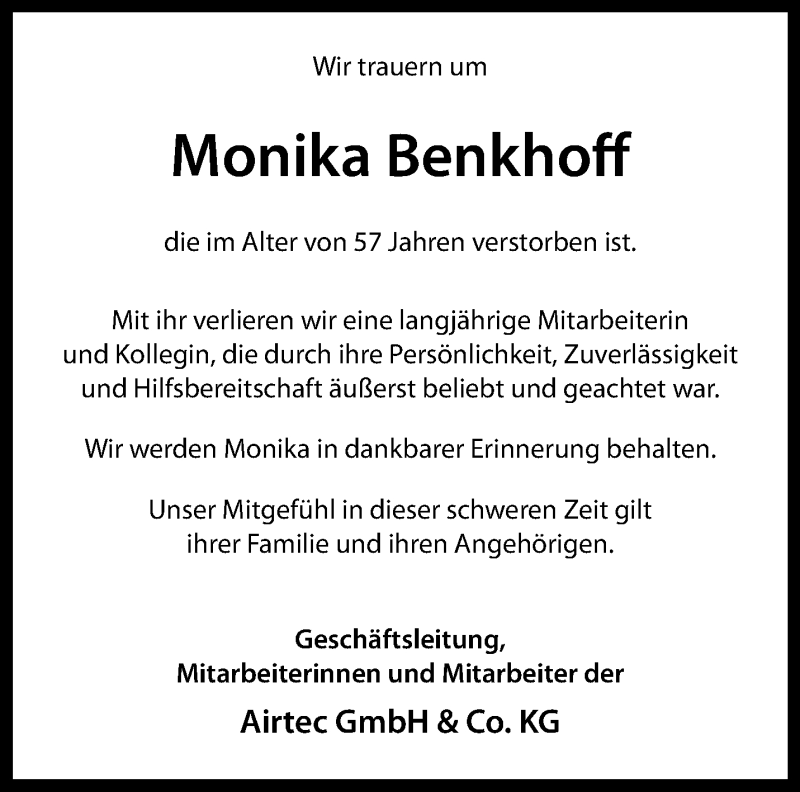  Traueranzeige für Monika Benkhoff vom 29.01.2022 aus 