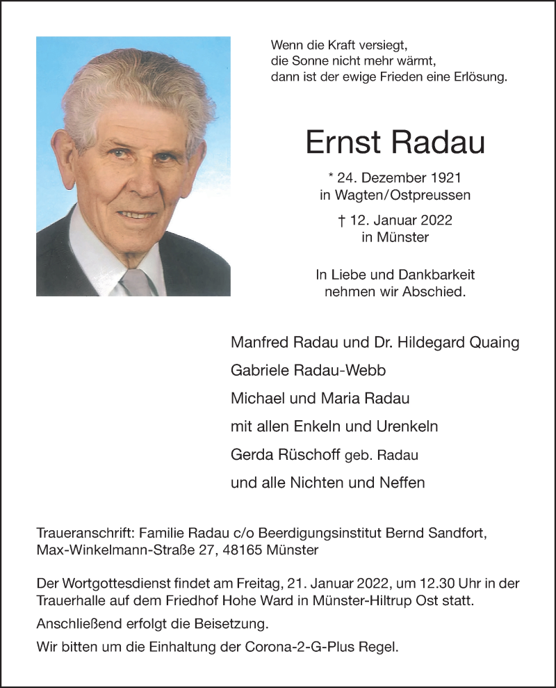  Traueranzeige für Ernst Radau vom 15.01.2022 aus 