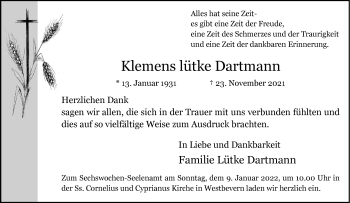 Anzeige von Klemens Lütke Dartmann 
