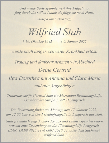 Anzeige von Wilfried Stab 
