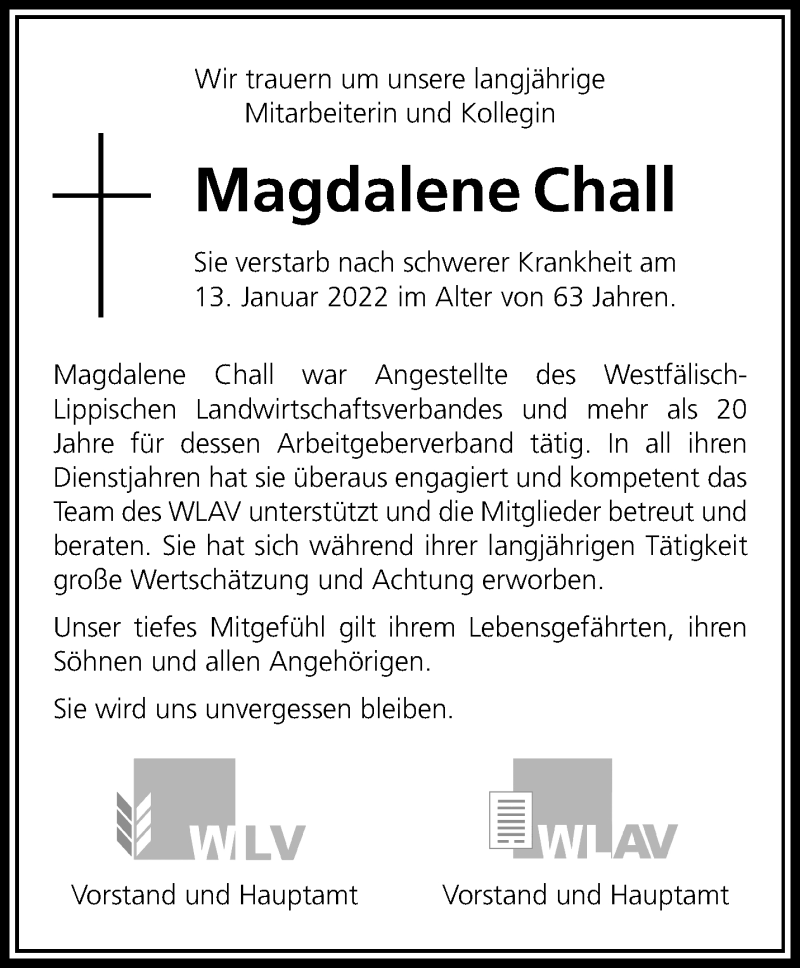  Traueranzeige für Magdalene Chall vom 22.01.2022 aus 