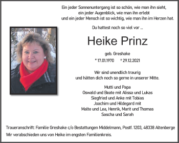Anzeige von Heike Prinz 