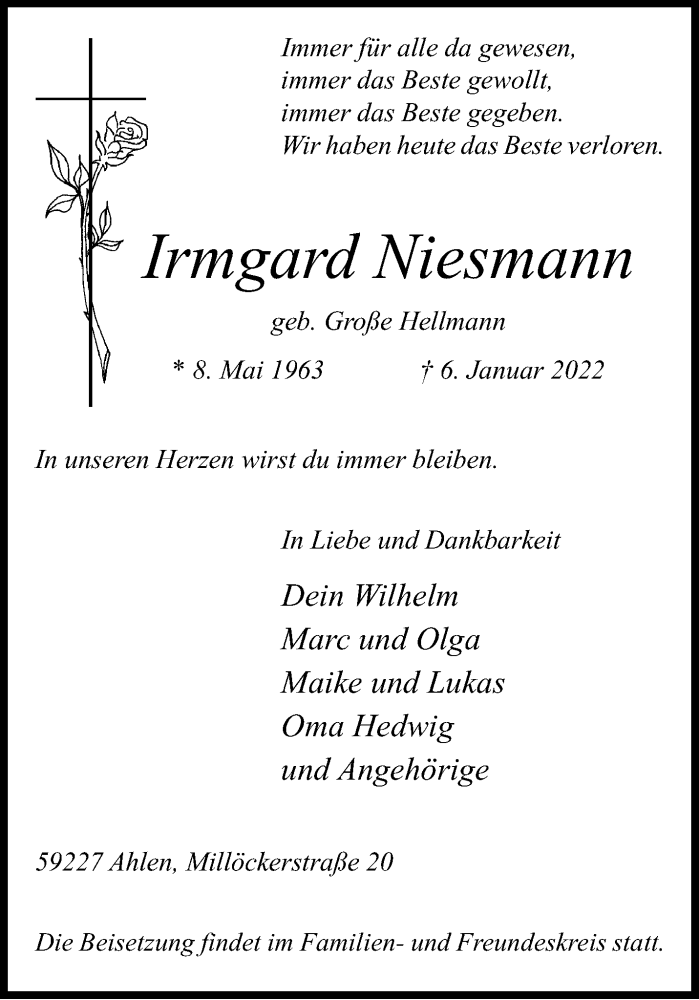  Traueranzeige für Irmgard Niesmann vom 12.01.2022 aus 