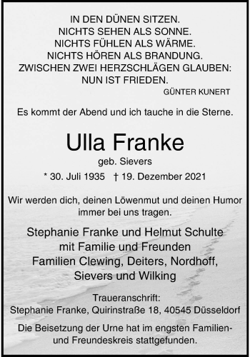 Anzeige von Ulla Franke 