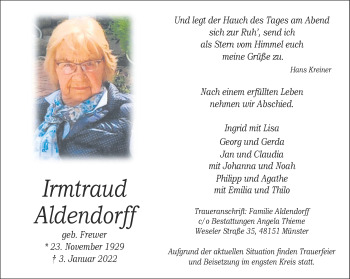 Anzeige von Irmtraud Aldendorff 