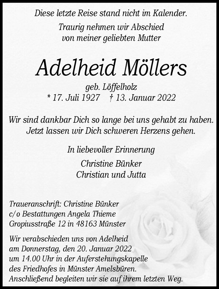  Traueranzeige für Adelheid Möllers vom 19.01.2022 aus 
