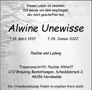 Anzeige von Alwine Unewisse 