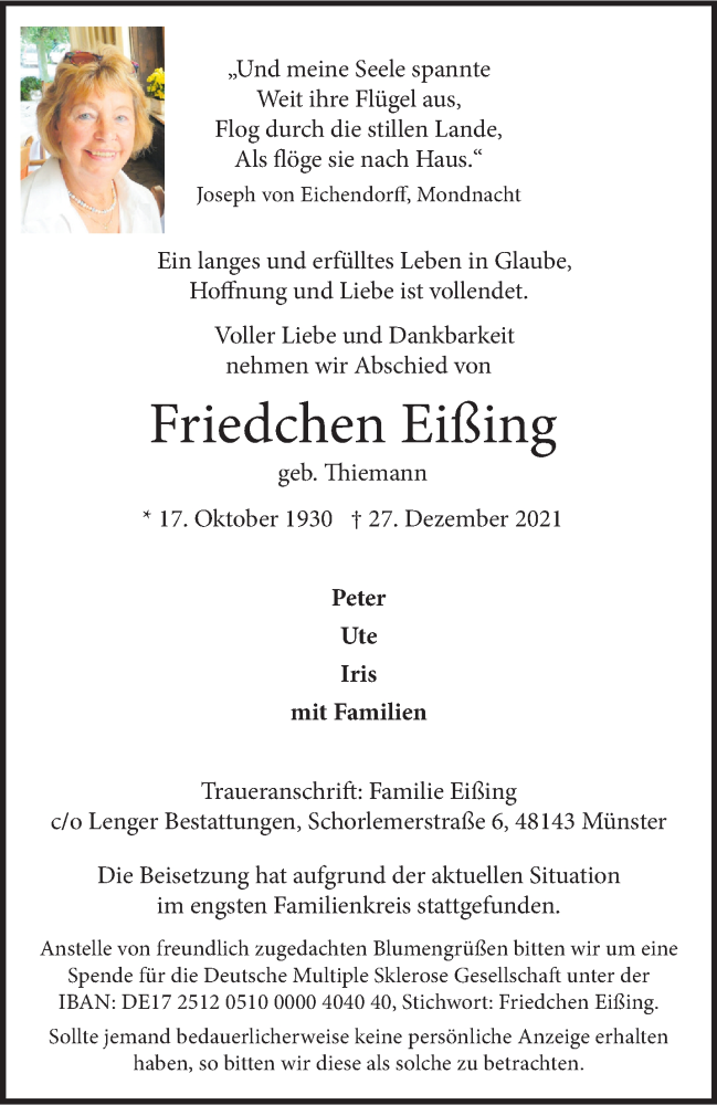  Traueranzeige für Friedchen Eißing vom 08.01.2022 aus 
