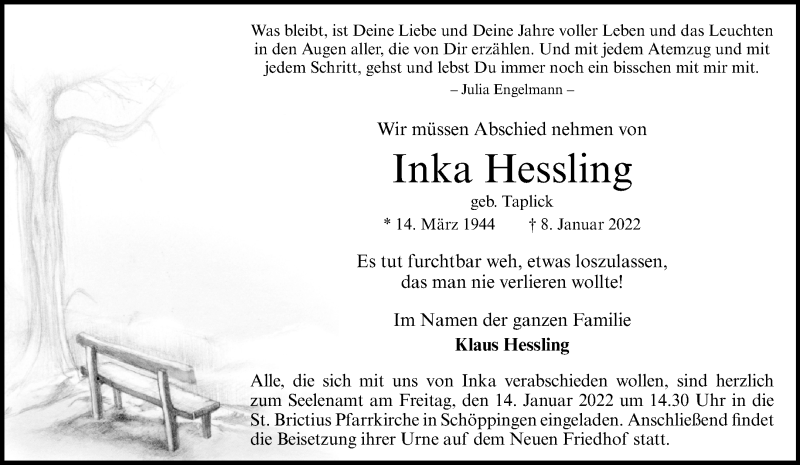  Traueranzeige für Inka Hessling vom 12.01.2022 aus 