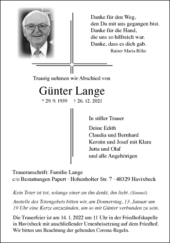 Anzeige von Günter Lange 