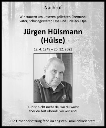 Anzeige von Jürgen Hülsmann 