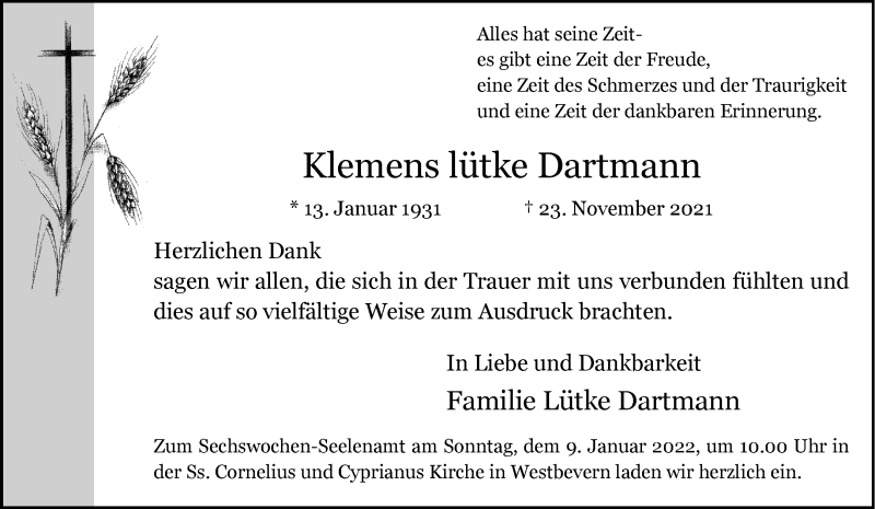  Traueranzeige für Klemens Lütke Dartmann vom 08.01.2022 aus 