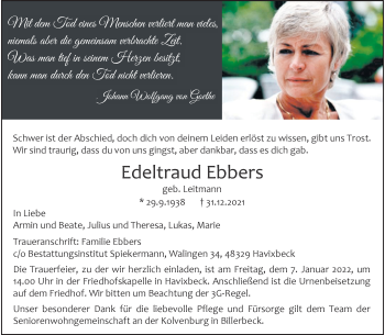 Anzeige von Edeltraud Ebbers 