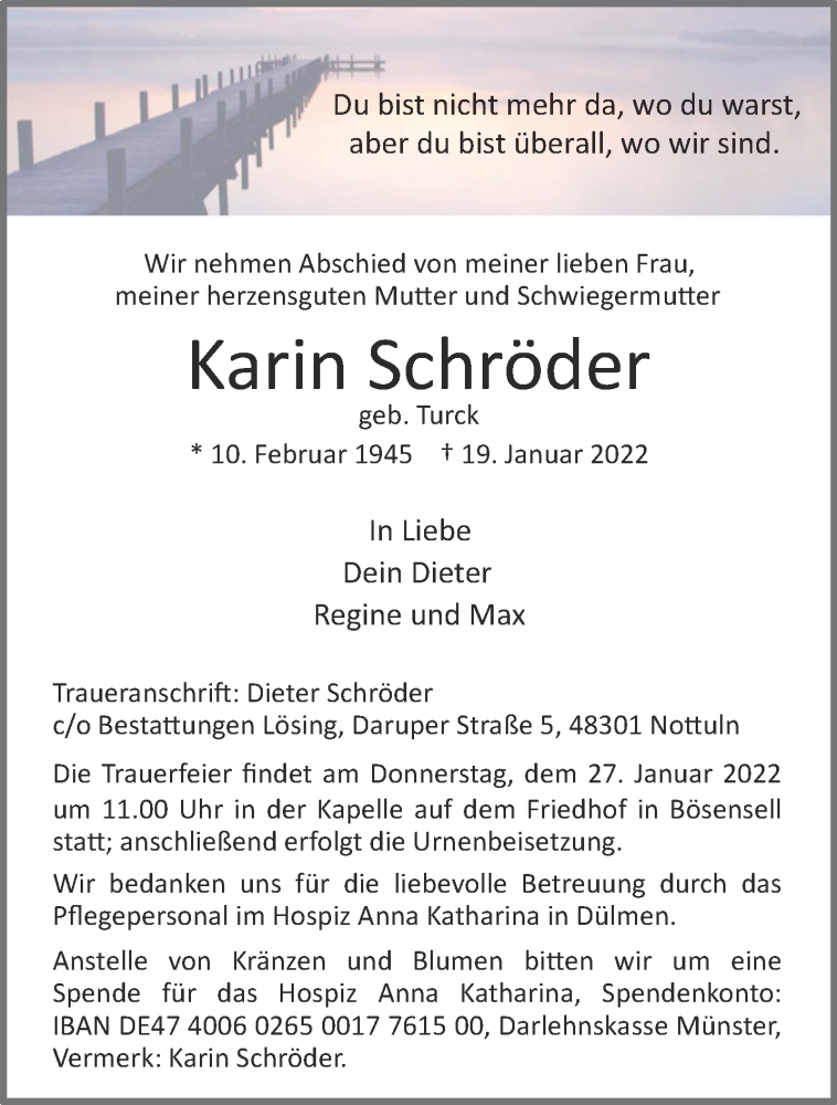  Traueranzeige für Karin Schröder vom 22.01.2022 aus 