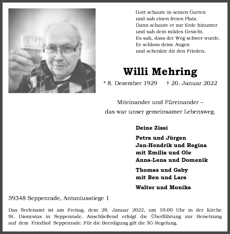  Traueranzeige für Willi Mehring vom 25.01.2022 aus 
