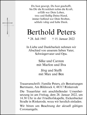 Anzeige von Berthold Peters 
