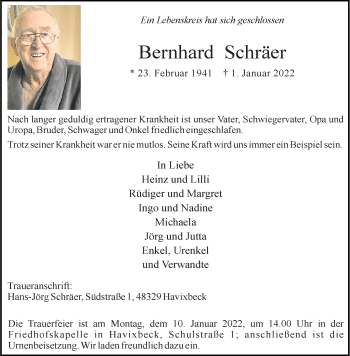 Anzeige von Bernhard Schräer 
