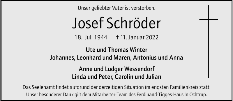  Traueranzeige für Josef Schröder vom 15.01.2022 aus 