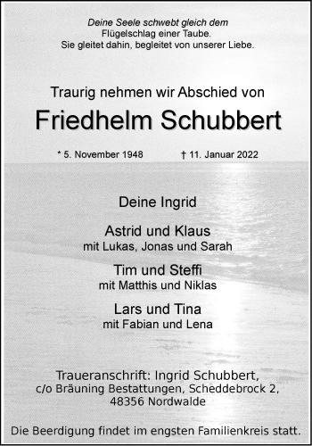 Anzeige von Friedhelm Schubbert 