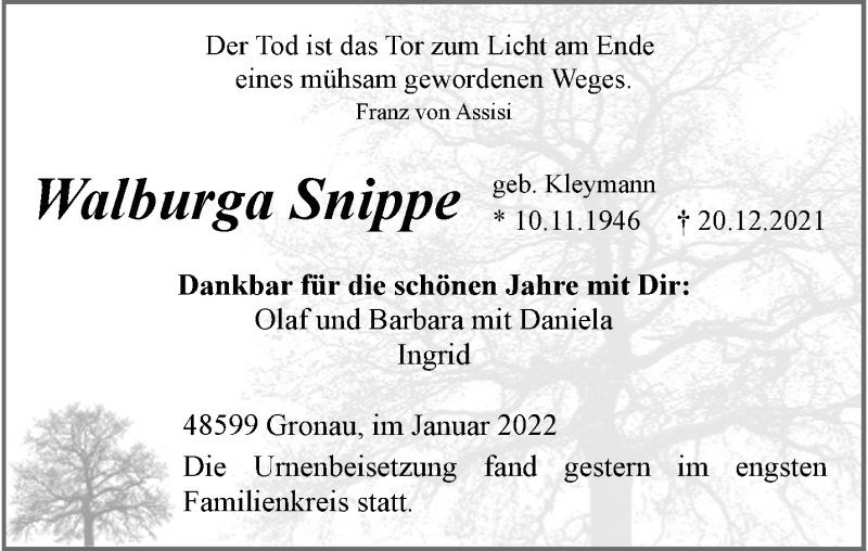 Traueranzeige für Walburga Snippe vom 14.01.2022 aus 
