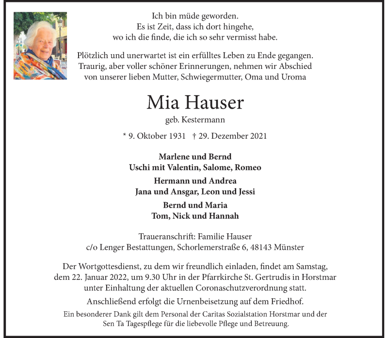  Traueranzeige für Mia Hauser vom 15.01.2022 aus 