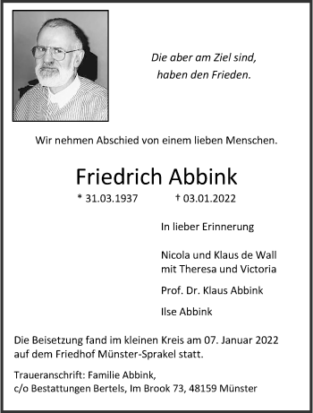 Anzeige von Friedrich Abbnik 