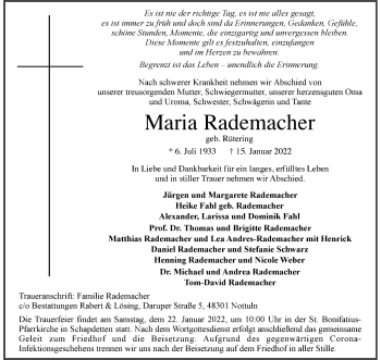Anzeige von Maria Rademacher 