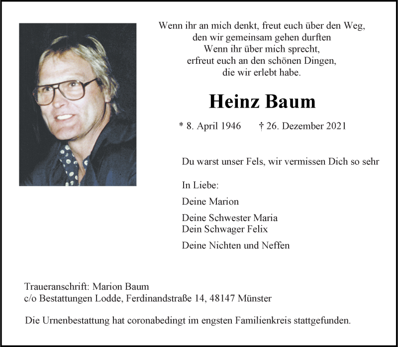  Traueranzeige für Heinz Baum vom 07.01.2022 aus 