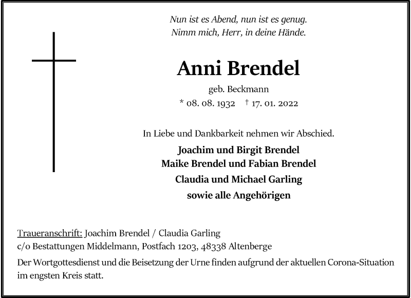  Traueranzeige für Anni Brendel vom 26.01.2022 aus 