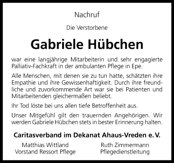 Anzeige von Gabriele Hübchen 