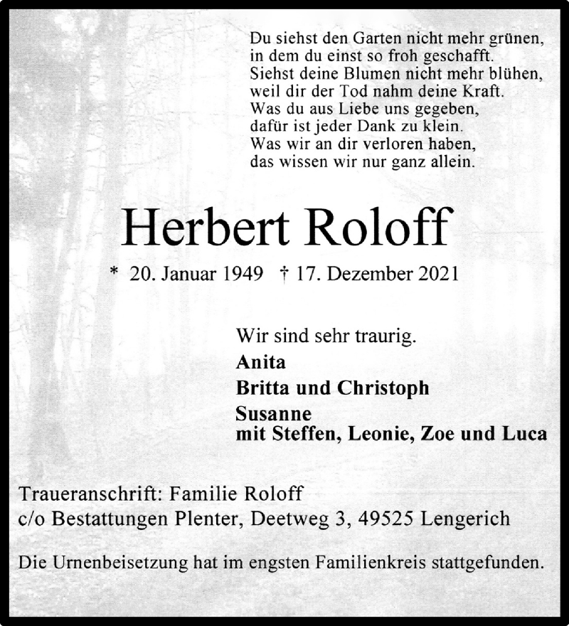  Traueranzeige für Herbert Roloff vom 21.01.2022 aus 
