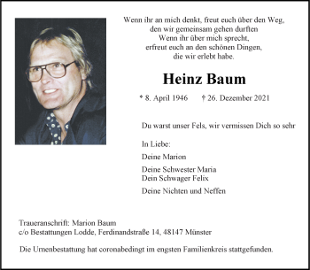 Anzeige von Heinz Baum 