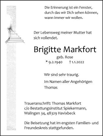 Anzeige von Brigitte Markfort 