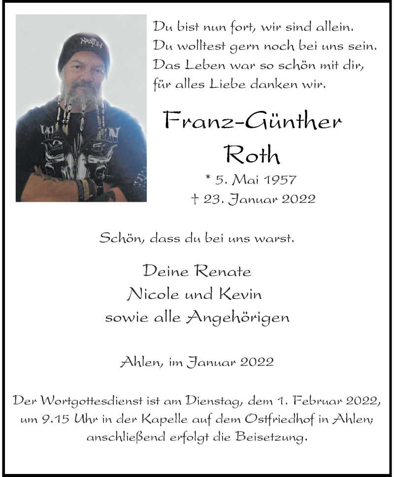  Traueranzeige für Franz-Günther Roth vom 27.01.2022 aus 